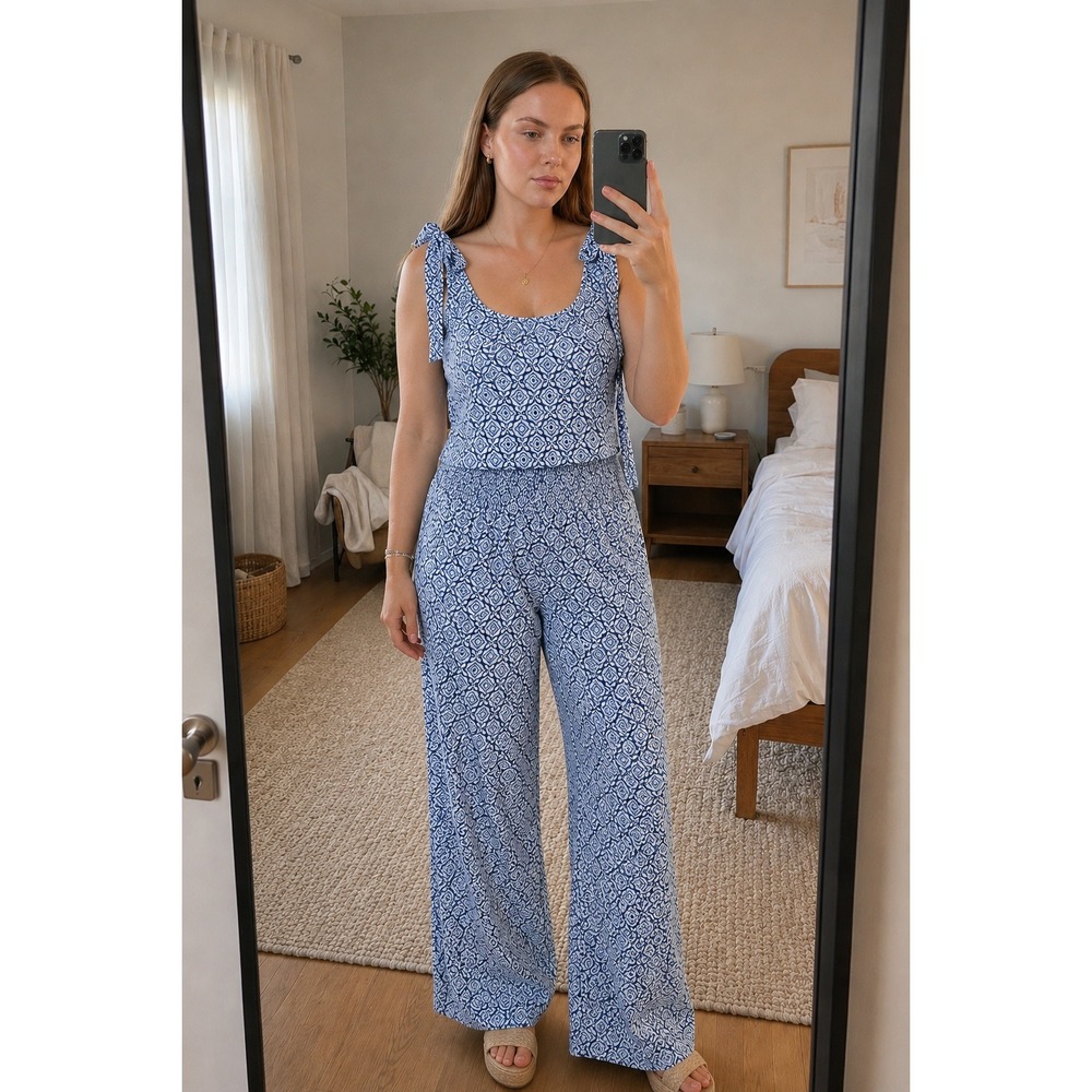 CeCe 2 Piece Top Wide Leg Pant Set XL Blue Geometric Tie Shoulder Boho Coastal